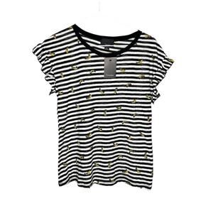 Lumiere Black White Striped Banana Print Short Sleeve Crewneck T-Shirt M NWT